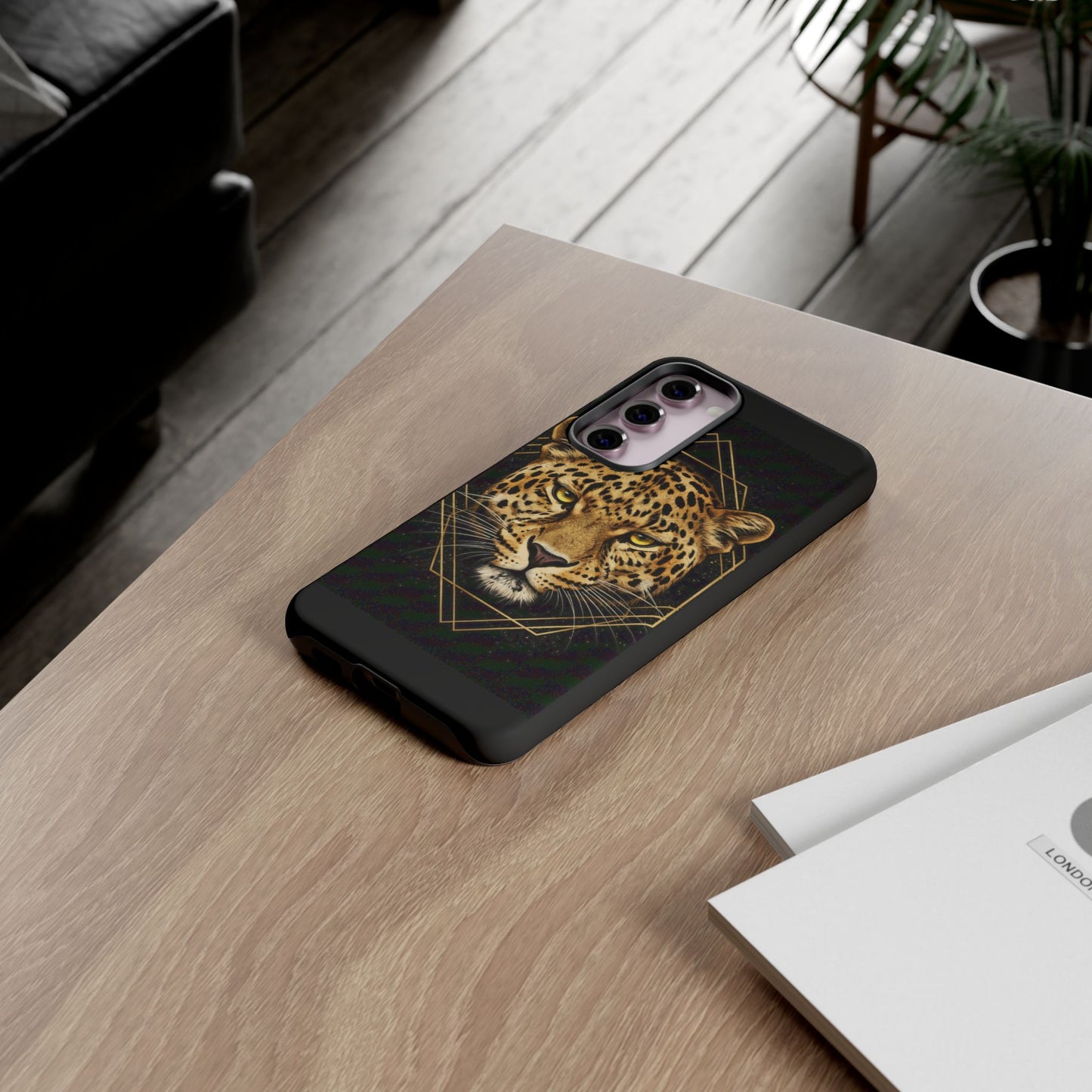 Leopard Head Geometric Phone Case – Black & Gold Luxe Tough Case