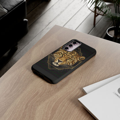 Leopard Head Geometric Phone Case – Black & Gold Luxe Tough Case