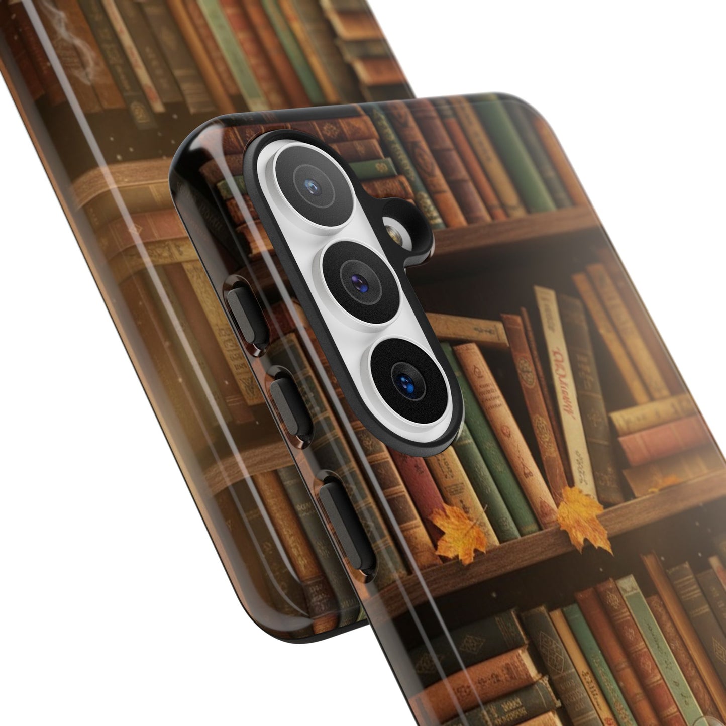 Cozy Vintage Bookshelf Phone Case, Library Aesthetic Book Stack, Autumn Coffee Vibes (iPhone, Samsung, Pixel)