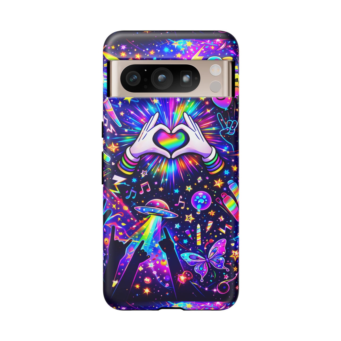 Rainbow Heart Hands Phone Case – Neon Galaxy EDM Festival Tough Cover