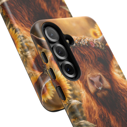 Highland Cow Sunflower Phone Case | Floral Farmhouse iPhone, Samsung Galaxy and Pixel Cover