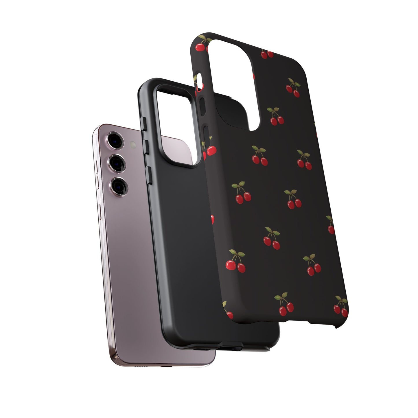 Cherry Pattern Phone Case — Slim Black Protective iPhone Case with Red Cherries for Iphone, Samsung Galaxy and Pixel
