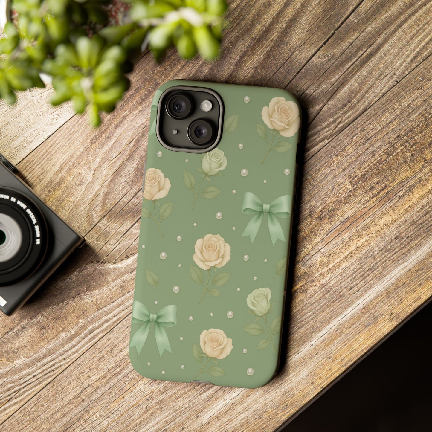 Vintage Rose Bow Phone Case – Sage Green Floral Coquette Aesthetic Tough Case (iPhone, Samsung, Pixel)