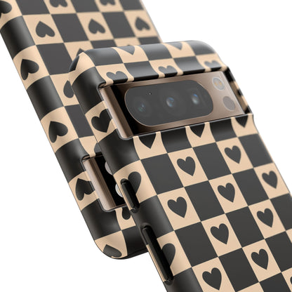 Checkerboard Heart Phone Case – Black & Beige Cute Aesthetic Protective Cover for Iphone, Samsung Galaxy and Pixel