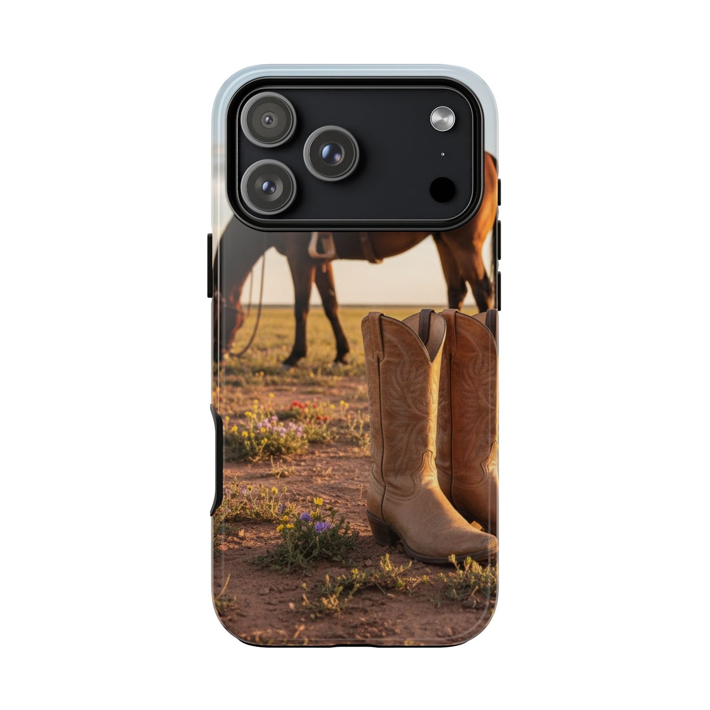 Western Cowboy Boots Phone Case – Rustic Horse Sunset Tough Case (iPhone, Samsung, Pixel)
