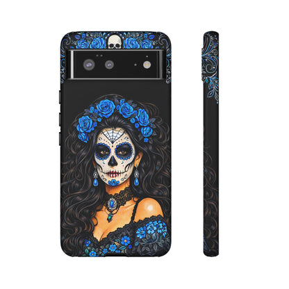 Blue Sugar Skull Woman Phone Case – Day of the Dead Aesthetic Tough Cover