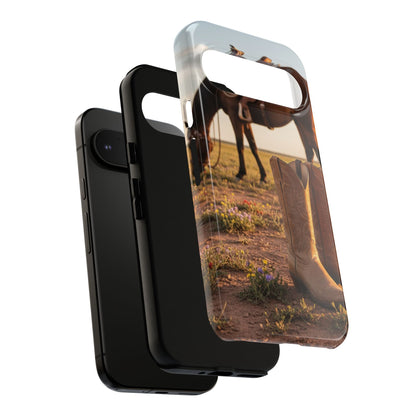 Western Cowboy Boots Phone Case – Rustic Horse Sunset Tough Case (iPhone, Samsung, Pixel)