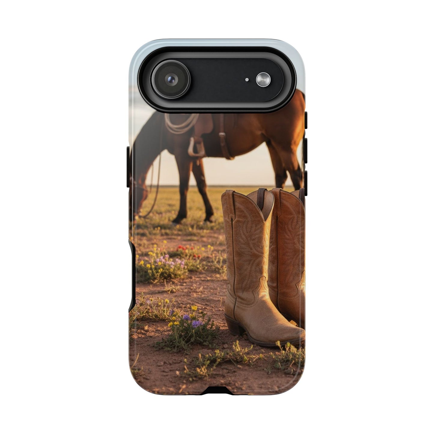 Western Cowboy Boots Phone Case – Rustic Horse Sunset Tough Case (iPhone, Samsung, Pixel)