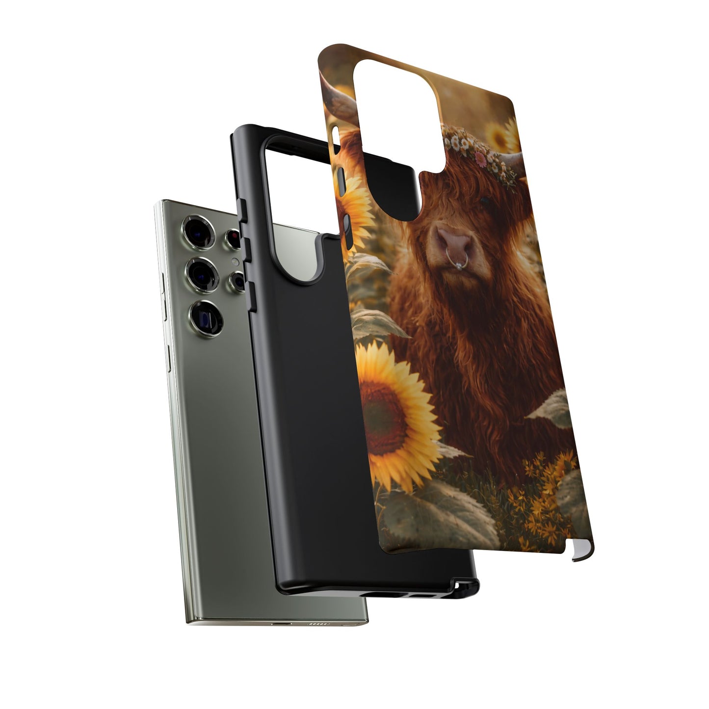 Highland Cow Sunflower Phone Case | Floral Farmhouse iPhone, Samsung Galaxy and Pixel Cover