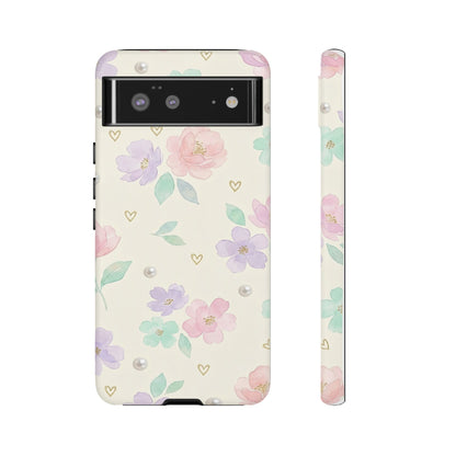 Pastel Floral Phone Case – Coquette Watercolor Flower Hearts Tough Case (iPhone, Samsung, Pixel)