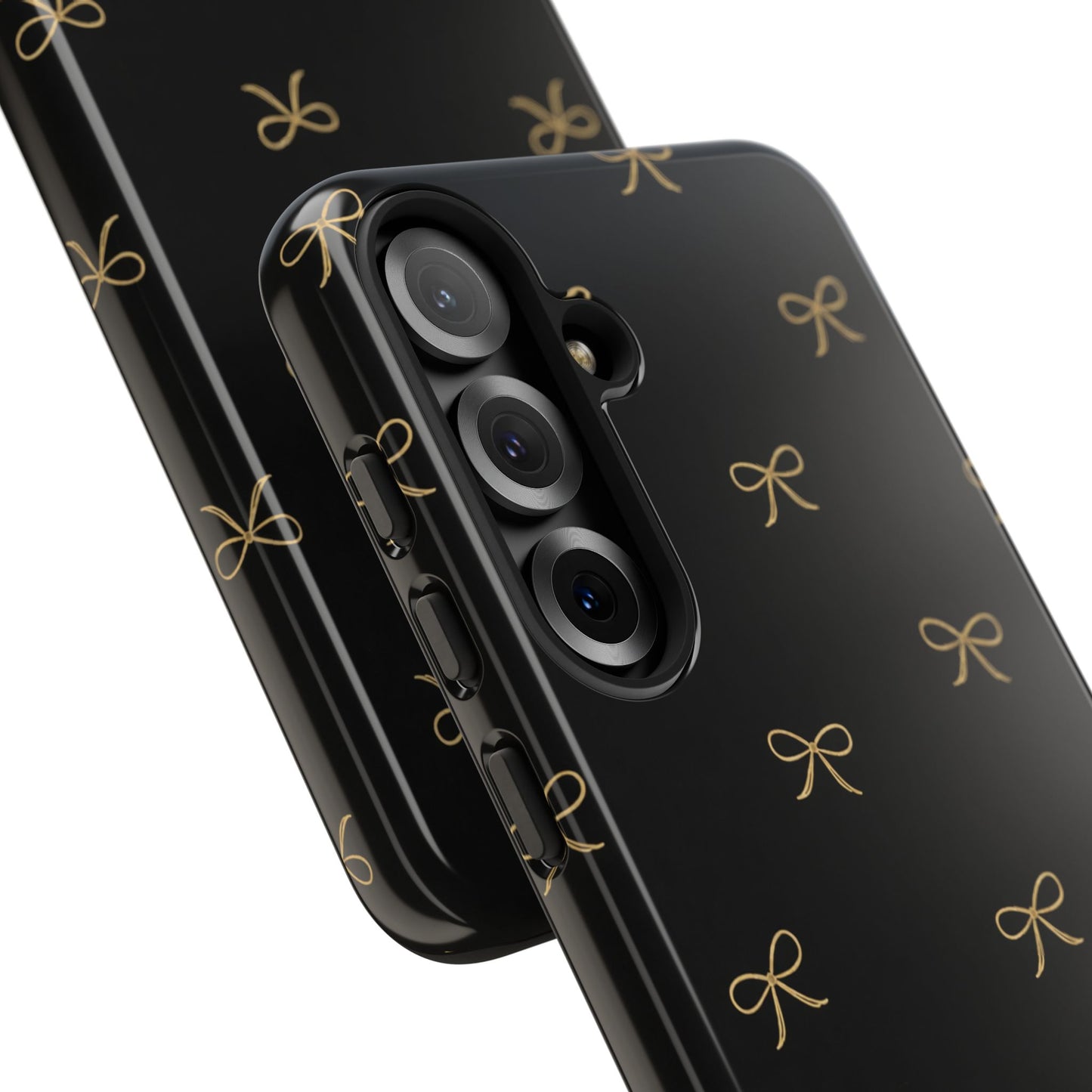 Black Phone Case with Gold Bow Pattern – Slim Protective Cute Aesthetic Cover for Iphone, Samsung Galaxy and Pixel