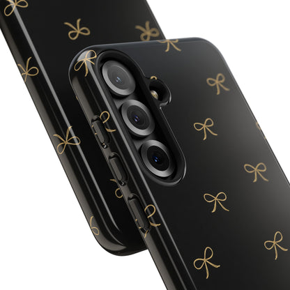 Black Phone Case with Gold Bow Pattern – Slim Protective Cute Aesthetic Cover for Iphone, Samsung Galaxy and Pixel