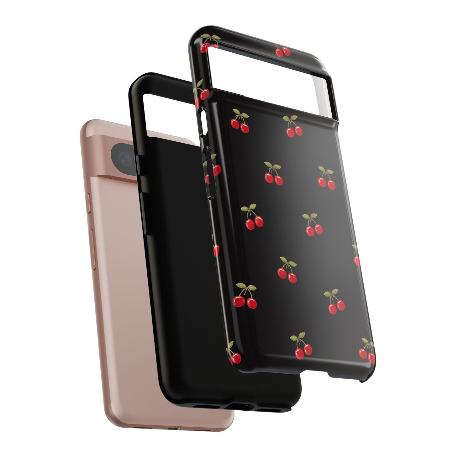 Cherry Pattern Phone Case — Slim Black Protective iPhone Case with Red Cherries for Iphone, Samsung Galaxy and Pixel