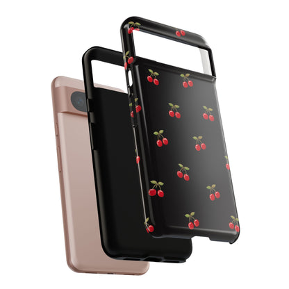 Cherry Pattern Phone Case — Slim Black Protective iPhone Case with Red Cherries for Iphone, Samsung Galaxy and Pixel