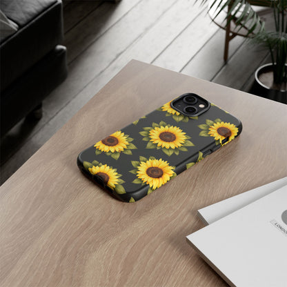 Sunflower Floral Tough Phone Case – Black Background Protective Cover for Iphone, Samsung Galaxy and Pixel