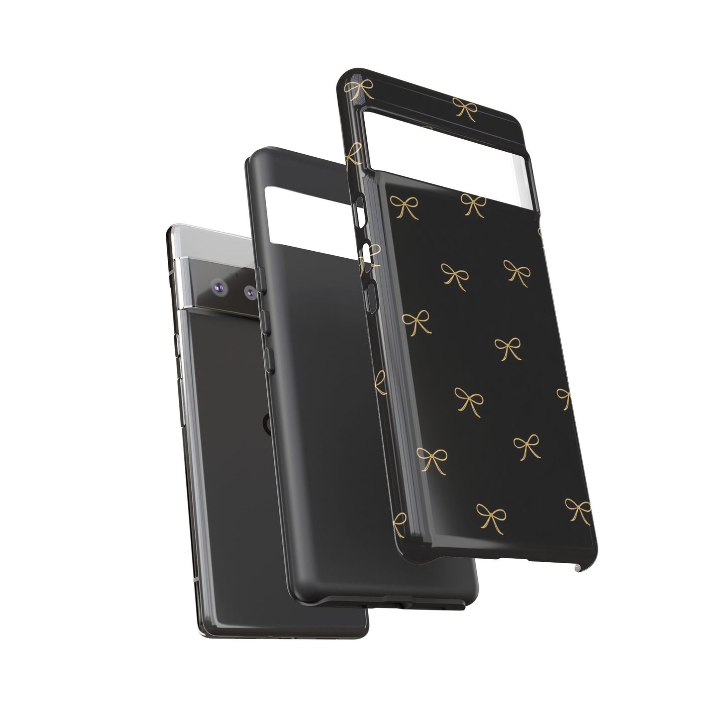 Black Phone Case with Gold Bow Pattern – Slim Protective Cute Aesthetic Cover for Iphone, Samsung Galaxy and Pixel