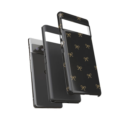 Black Phone Case with Gold Bow Pattern – Slim Protective Cute Aesthetic Cover for Iphone, Samsung Galaxy and Pixel