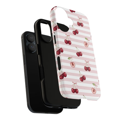 Pink Cherry Stripe Phone Case | Cute Coquette Aesthetic Protective Tough Case