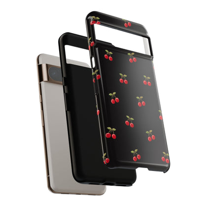 Cherry Pattern Phone Case — Slim Black Protective iPhone Case with Red Cherries for Iphone, Samsung Galaxy and Pixel
