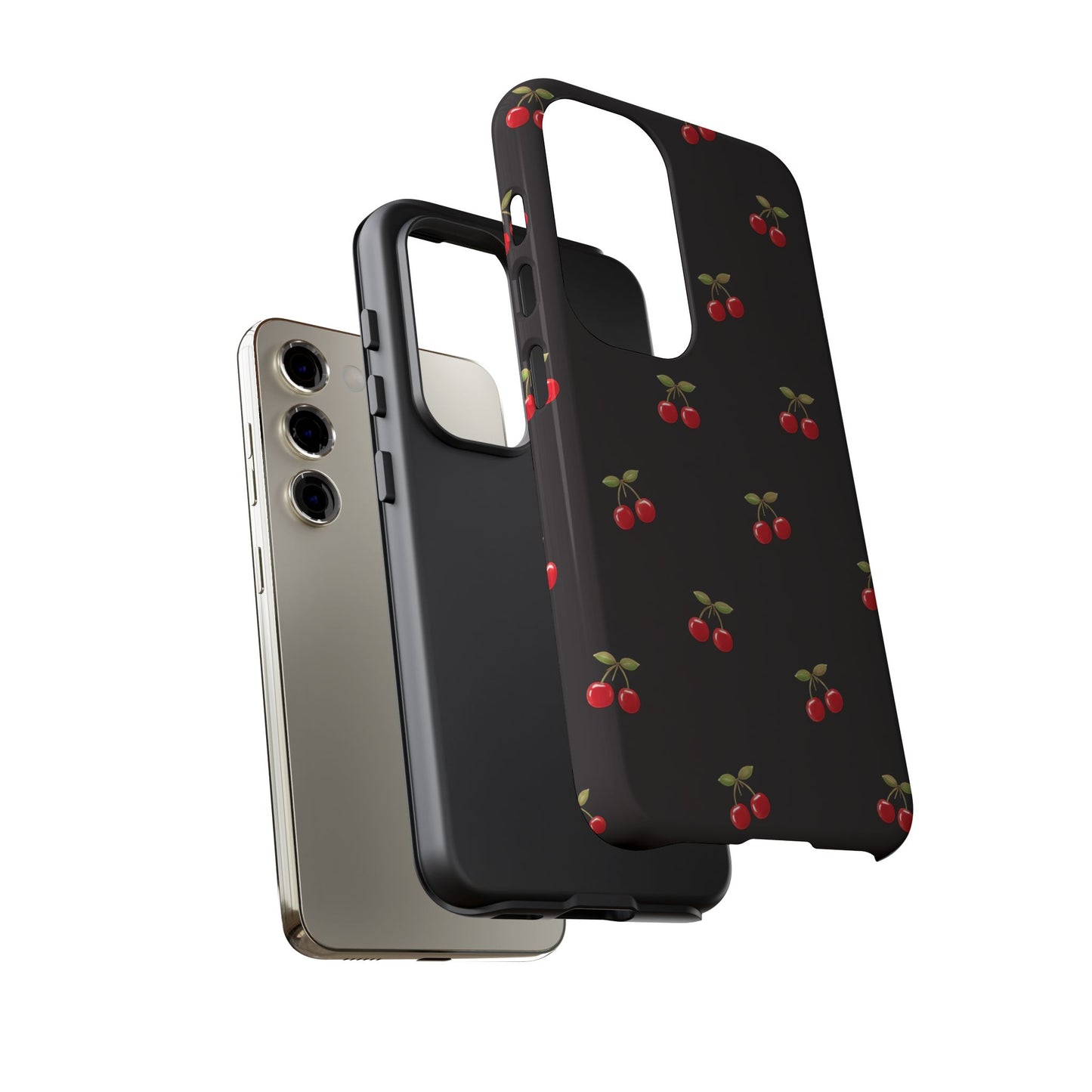 Cherry Pattern Phone Case — Slim Black Protective iPhone Case with Red Cherries for Iphone, Samsung Galaxy and Pixel
