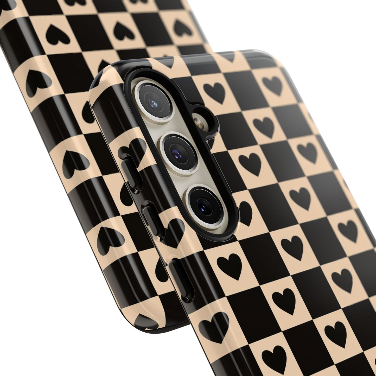 Checkerboard Heart Phone Case – Black & Beige Cute Aesthetic Protective Cover for Iphone, Samsung Galaxy and Pixel