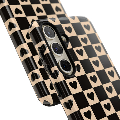 Checkerboard Heart Phone Case – Black & Beige Cute Aesthetic Protective Cover for Iphone, Samsung Galaxy and Pixel