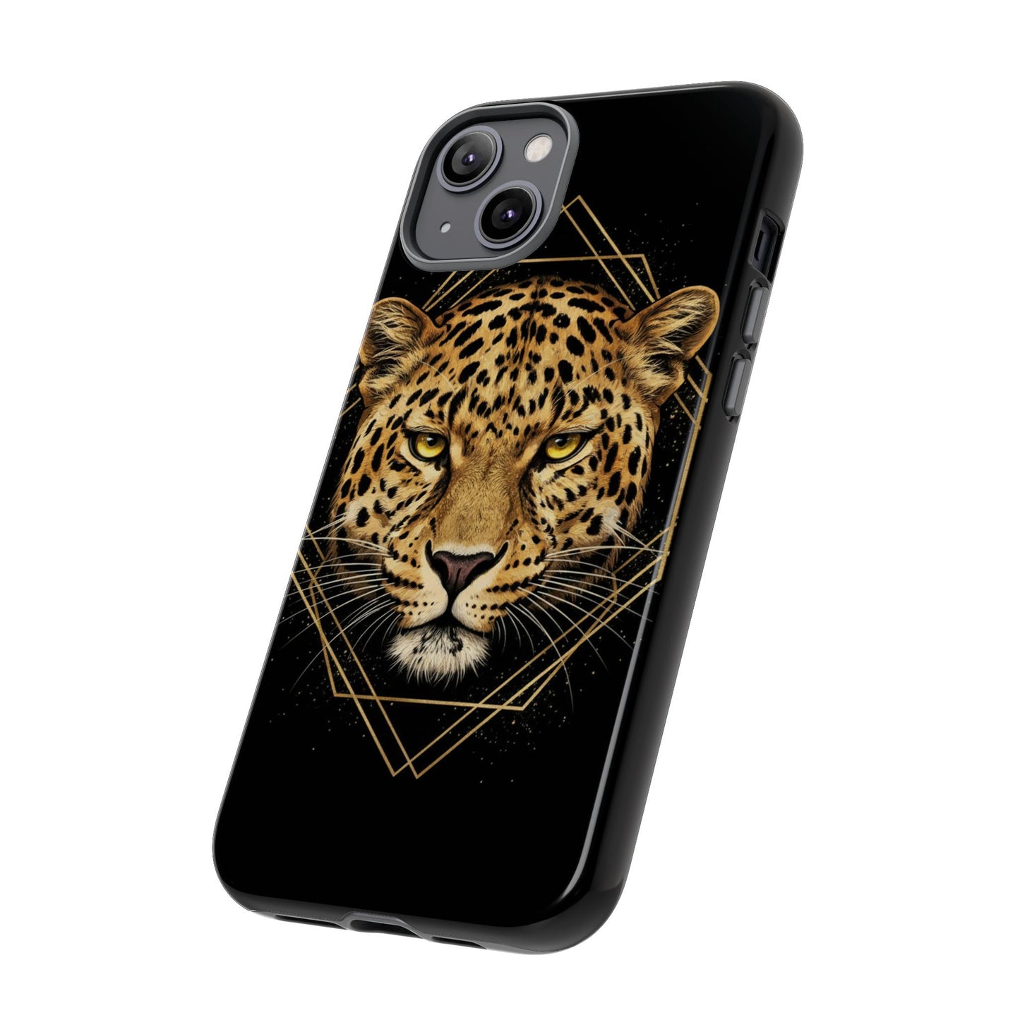 Leopard Head Geometric Phone Case – Black & Gold Luxe Tough Case