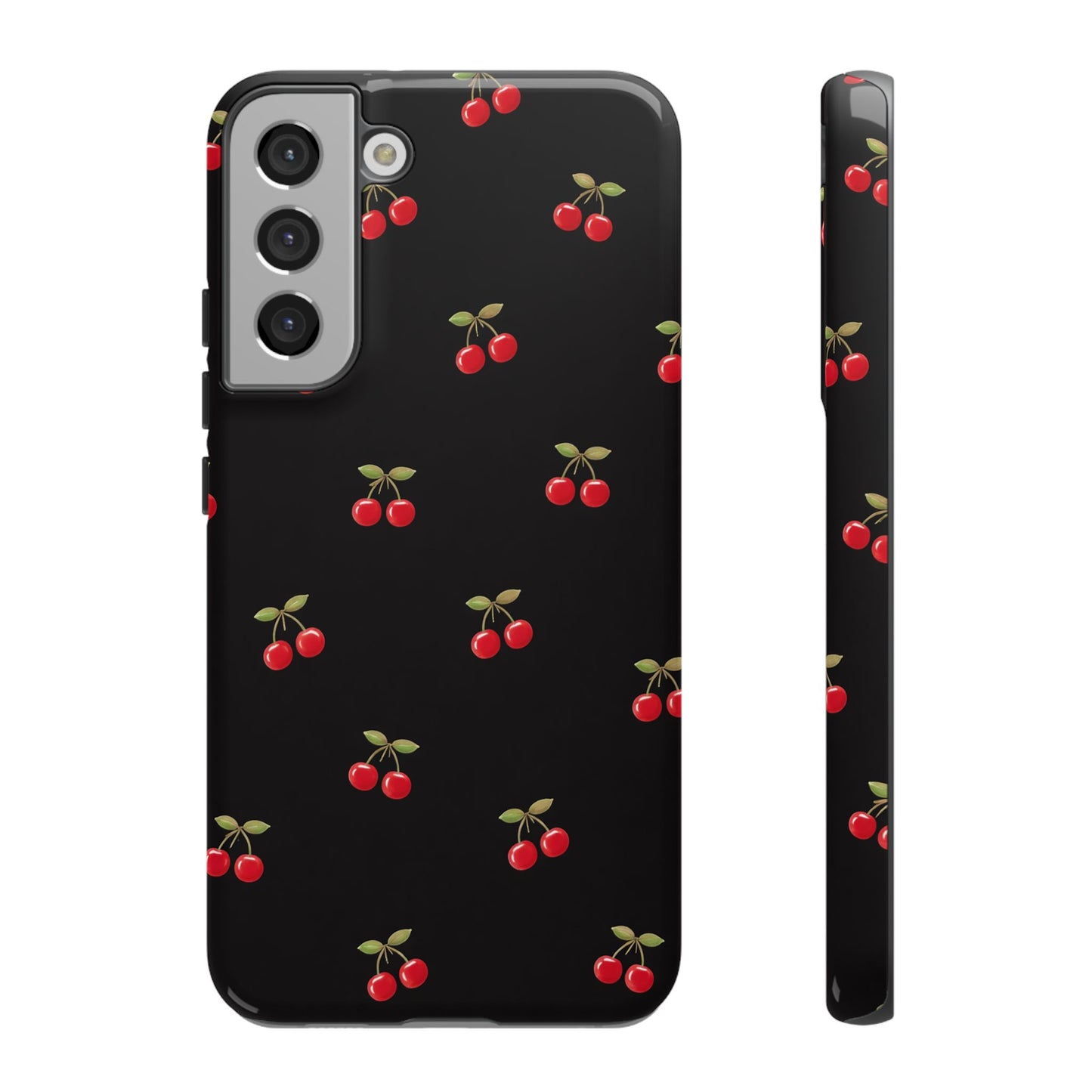 Cherry Pattern Phone Case — Slim Black Protective iPhone Case with Red Cherries for Iphone, Samsung Galaxy and Pixel