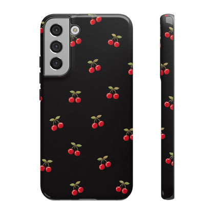 Cherry Pattern Phone Case — Slim Black Protective iPhone Case with Red Cherries for Iphone, Samsung Galaxy and Pixel