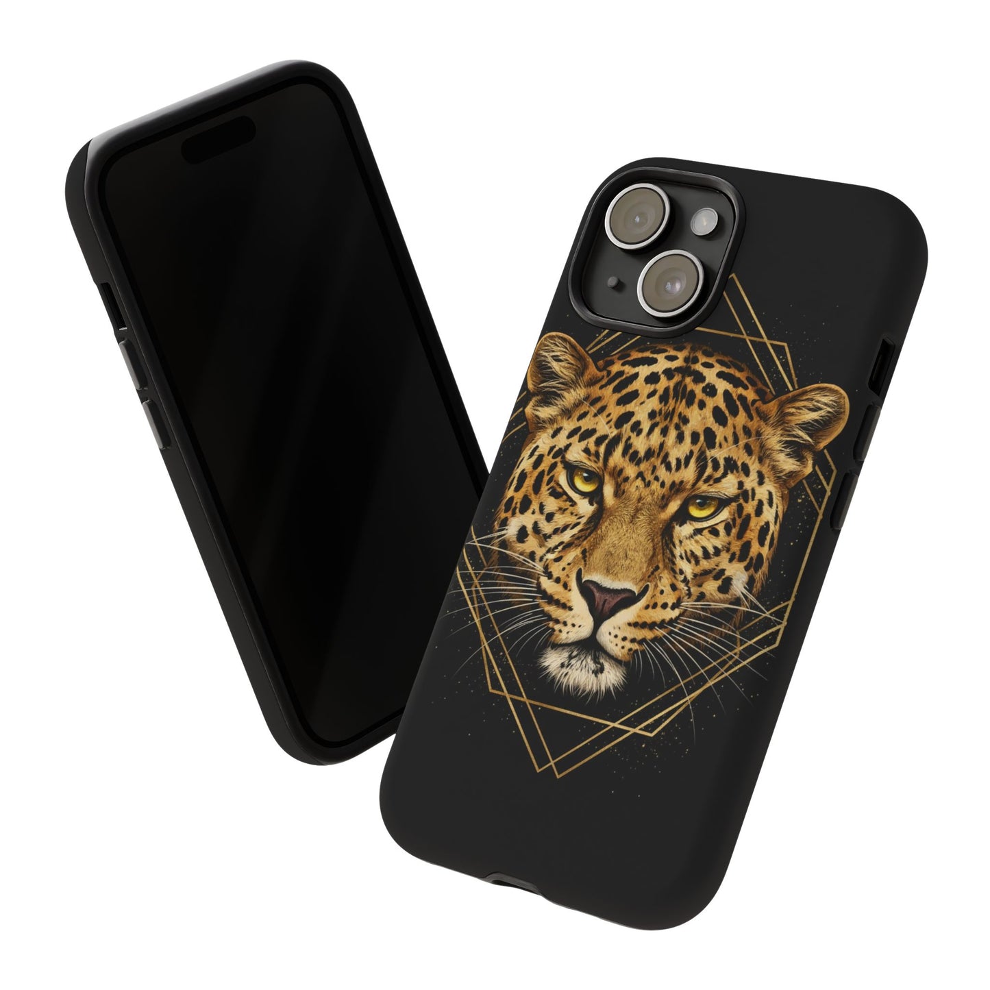 Leopard Head Geometric Phone Case – Black & Gold Luxe Tough Case