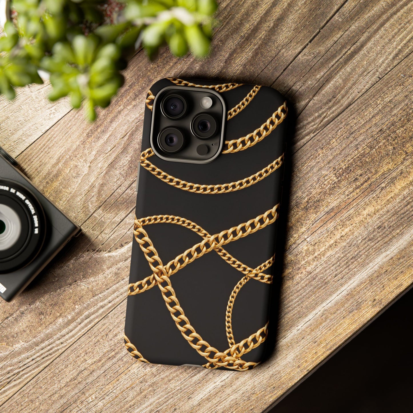 Luxury Gold Chain Phone Case – Black Designer Style Tough Protective Cover for Iphone, Samsung Galaxy and Pixel