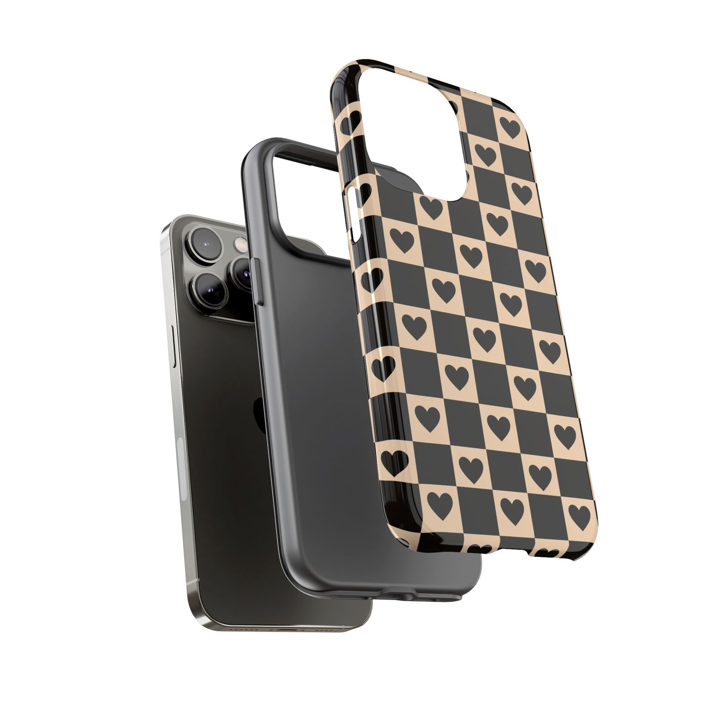 Checkerboard Heart Phone Case – Black & Beige Cute Aesthetic Protective Cover for Iphone, Samsung Galaxy and Pixel