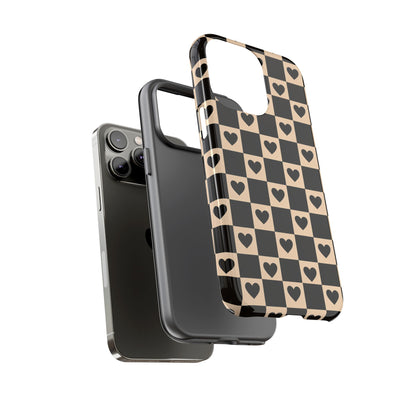 Checkerboard Heart Phone Case – Black & Beige Cute Aesthetic Protective Cover for Iphone, Samsung Galaxy and Pixel