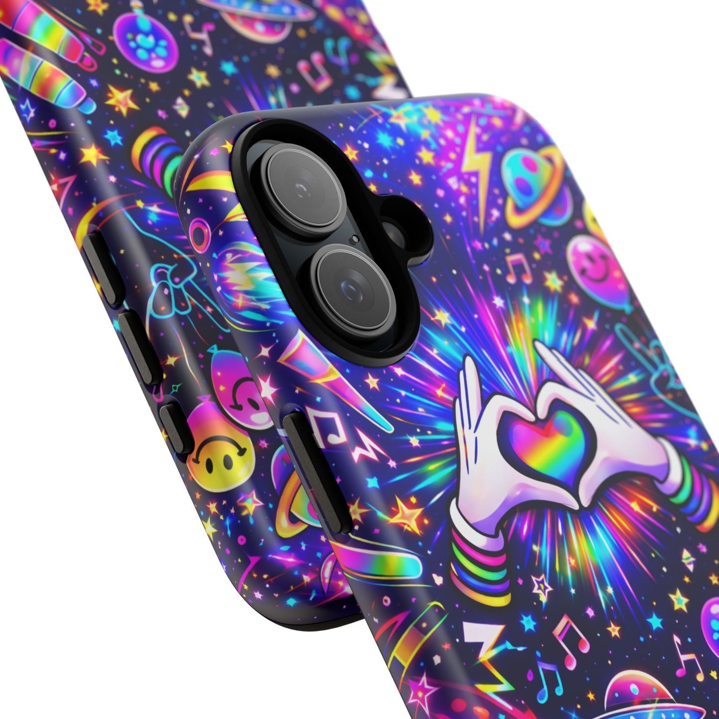 Rainbow Heart Hands Phone Case – Neon Galaxy EDM Festival Tough Cover
