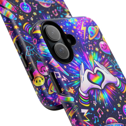 Rainbow Heart Hands Phone Case – Neon Galaxy EDM Festival Tough Cover