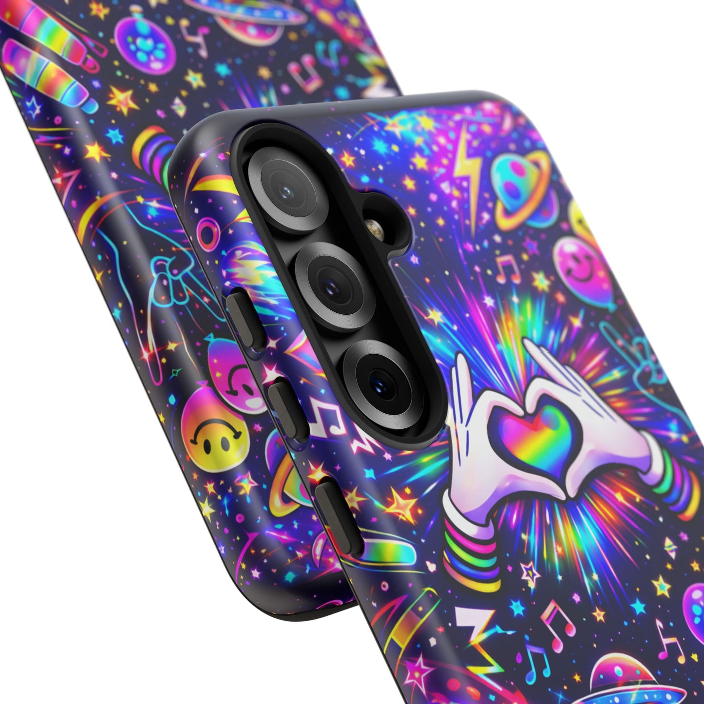 Rainbow Heart Hands Phone Case – Neon Galaxy EDM Festival Tough Cover