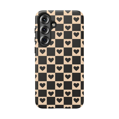Checkerboard Heart Phone Case – Black & Beige Cute Aesthetic Protective Cover for Iphone, Samsung Galaxy and Pixel