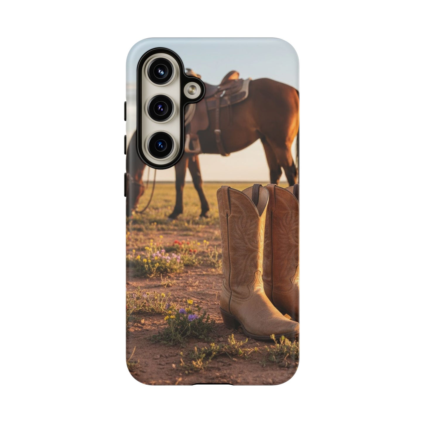 Western Cowboy Boots Phone Case – Rustic Horse Sunset Tough Case (iPhone, Samsung, Pixel)