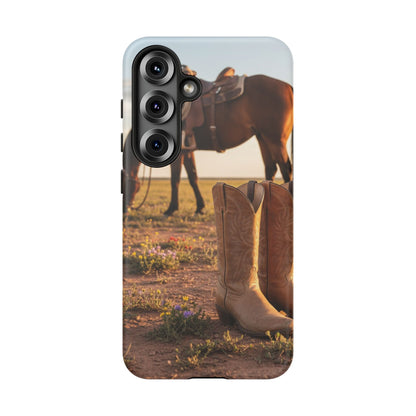 Western Cowboy Boots Phone Case – Rustic Horse Sunset Tough Case (iPhone, Samsung, Pixel)