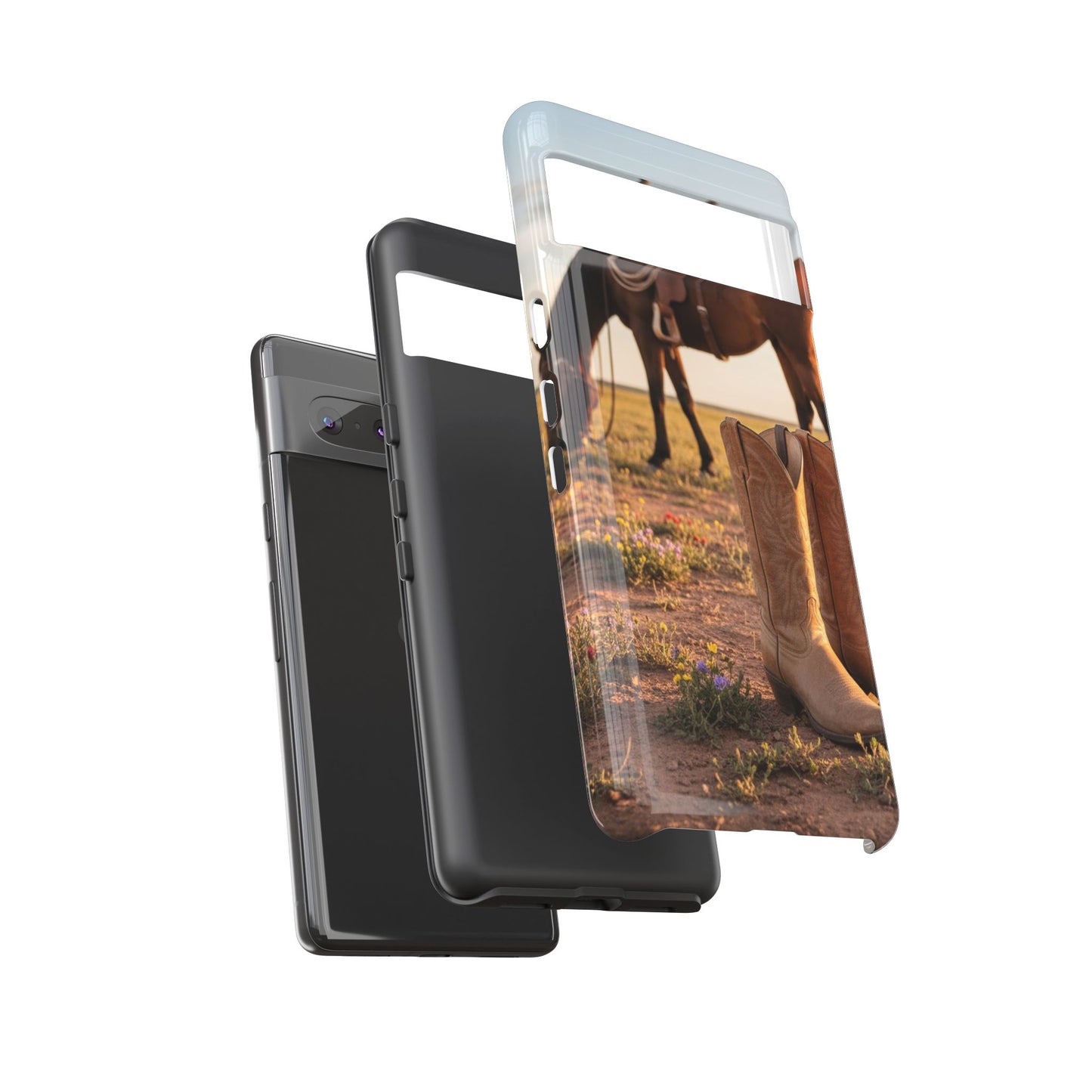 Western Cowboy Boots Phone Case – Rustic Horse Sunset Tough Case (iPhone, Samsung, Pixel)