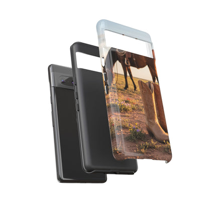 Western Cowboy Boots Phone Case – Rustic Horse Sunset Tough Case (iPhone, Samsung, Pixel)