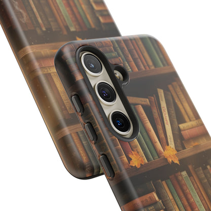 Cozy Vintage Bookshelf Phone Case, Library Aesthetic Book Stack, Autumn Coffee Vibes (iPhone, Samsung, Pixel)