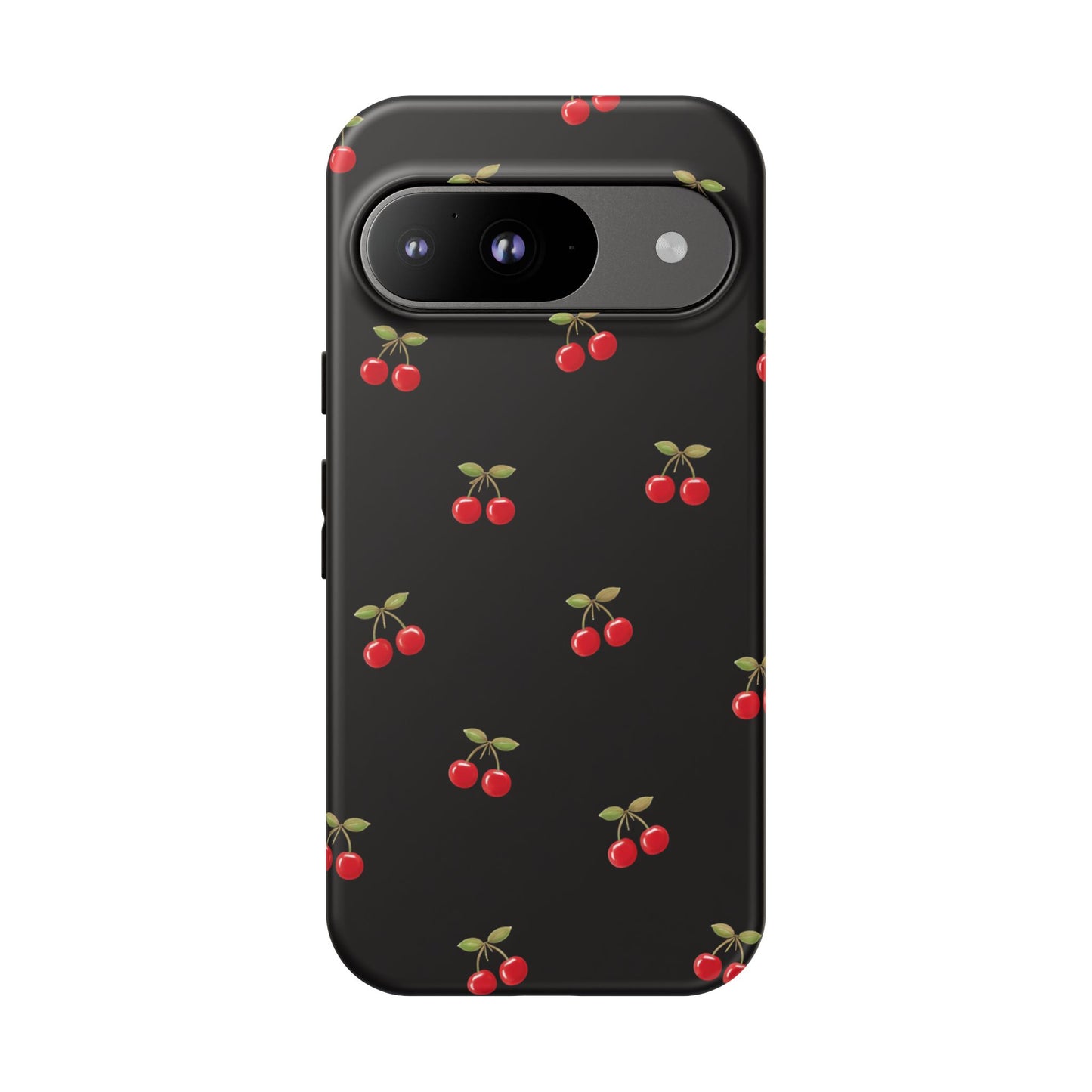 Cherry Pattern Phone Case — Slim Black Protective iPhone Case with Red Cherries for Iphone, Samsung Galaxy and Pixel