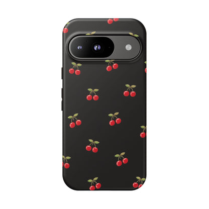 Cherry Pattern Phone Case — Slim Black Protective iPhone Case with Red Cherries for Iphone, Samsung Galaxy and Pixel
