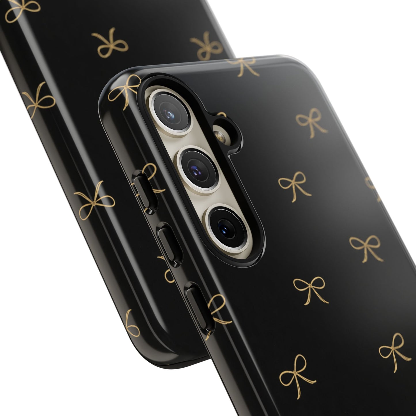 Black Phone Case with Gold Bow Pattern – Slim Protective Cute Aesthetic Cover for Iphone, Samsung Galaxy and Pixel