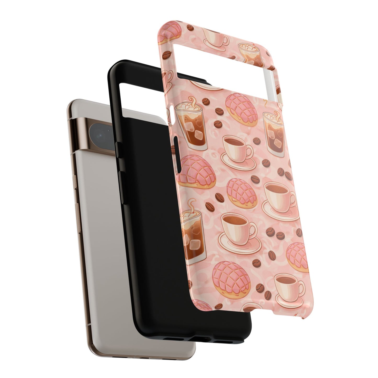 Cute Coffee & Pink Concha Phone Case – Coffee Lover Aesthetic Latte Pattern Tough Case