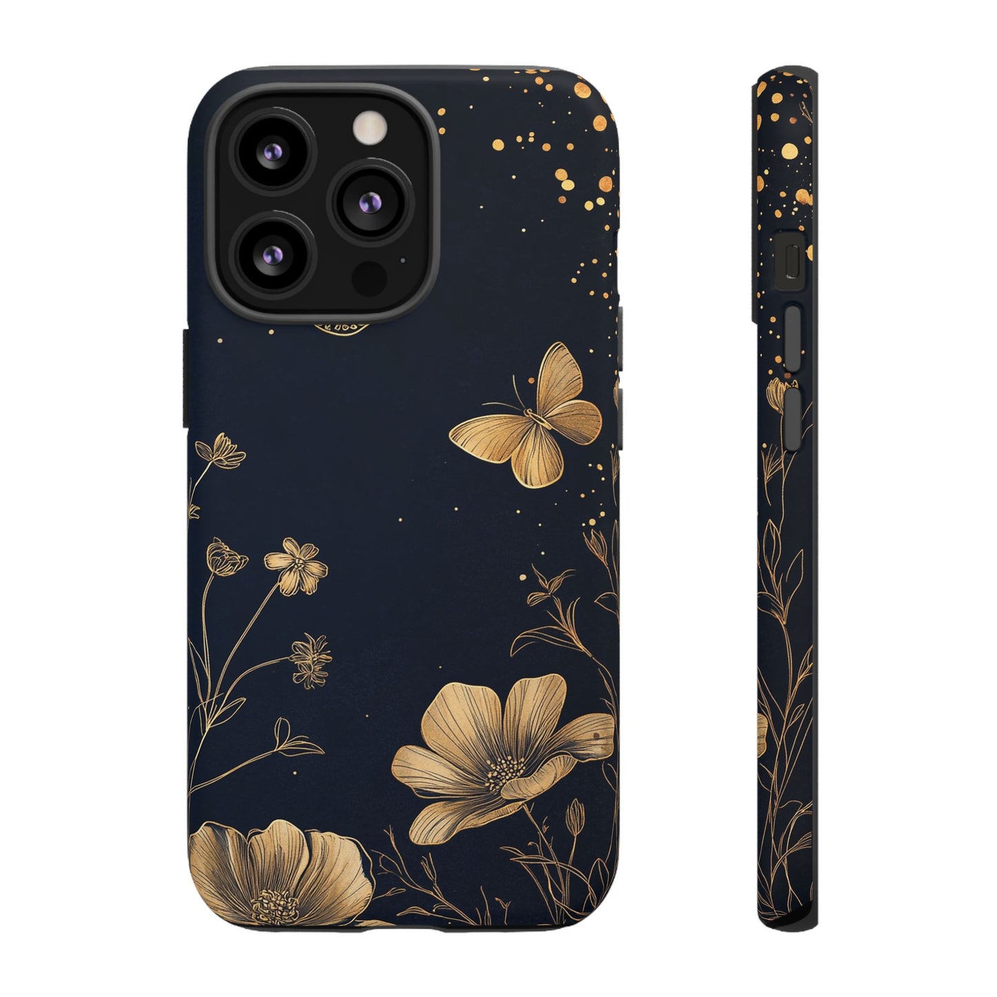 Gold Floral Butterfly Phone Case, Dark Aesthetic Botanical, Elegant Black Luxury iPhone Samsung Cover