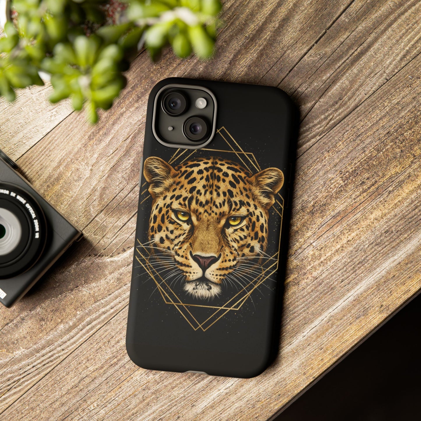 Leopard Head Geometric Phone Case – Black & Gold Luxe Tough Case
