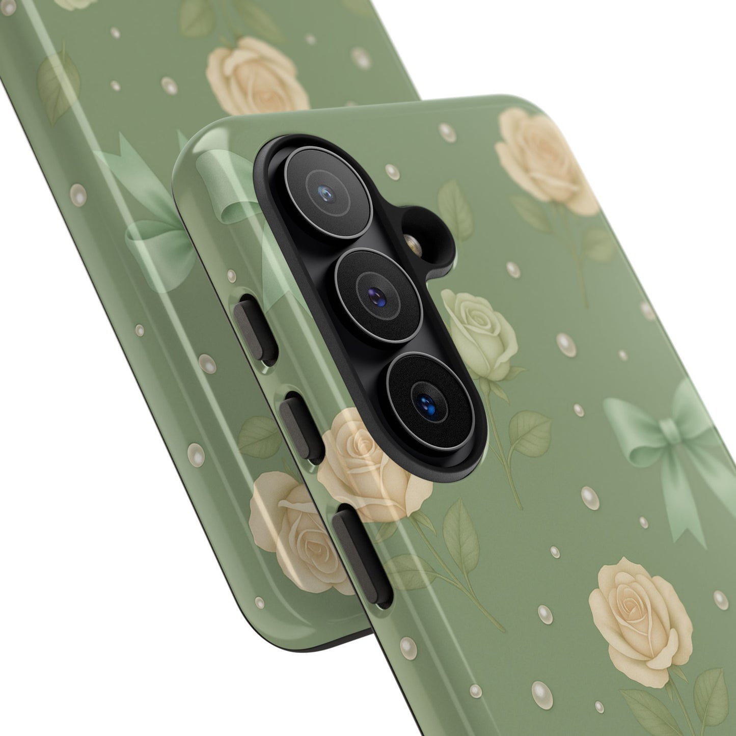 Vintage Rose Bow Phone Case – Sage Green Floral Coquette Aesthetic Tough Case (iPhone, Samsung, Pixel)
