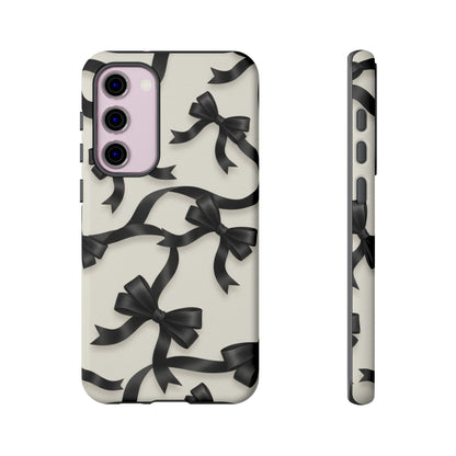 Black Ribbon Bow Phone Case, Minimal Bow Pattern Tough Protective Case